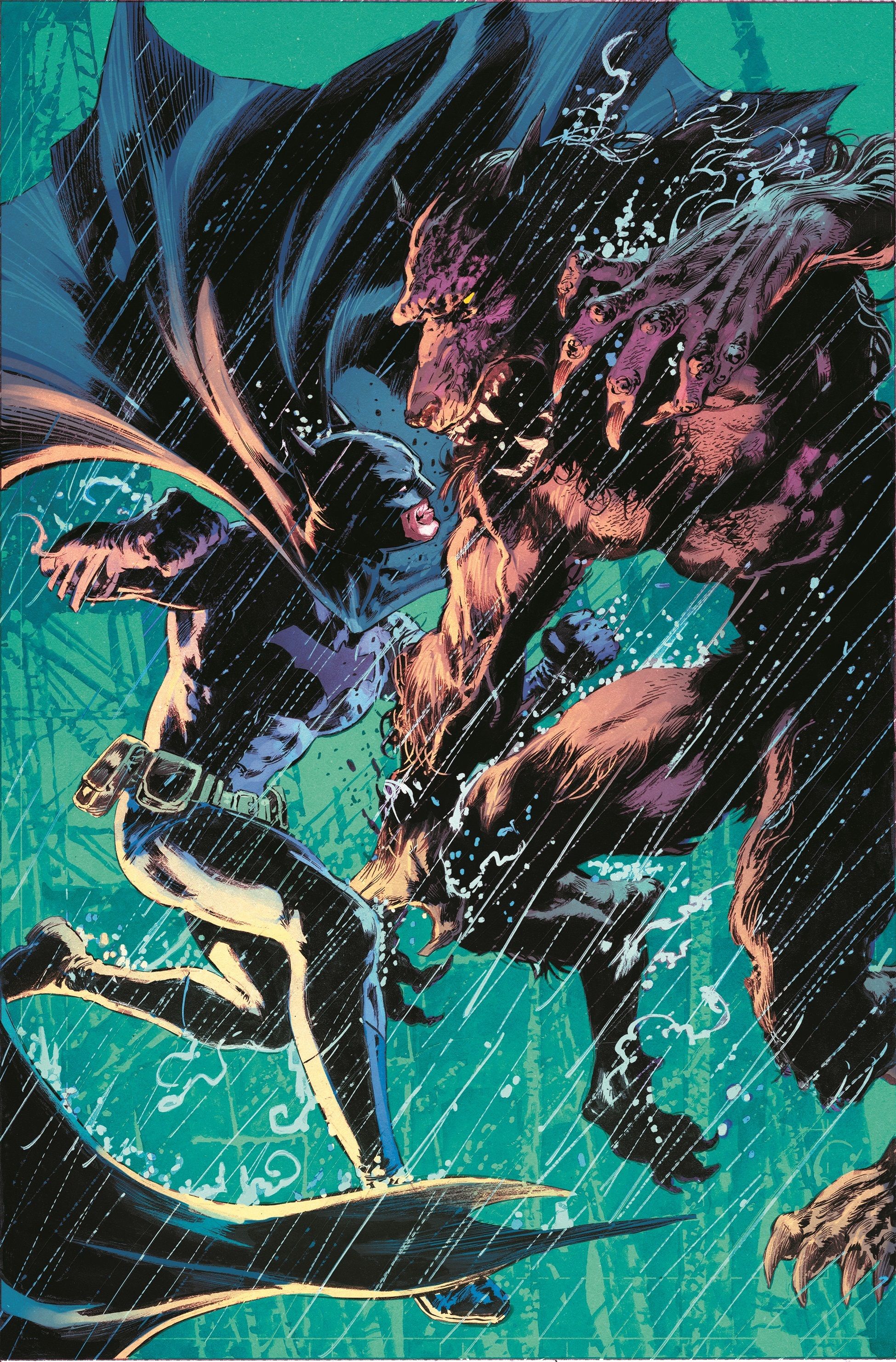 Capa da versão Perkins do Batman Full Moon 1: Batman saltando para a frente para lutar contra um lobisomem.