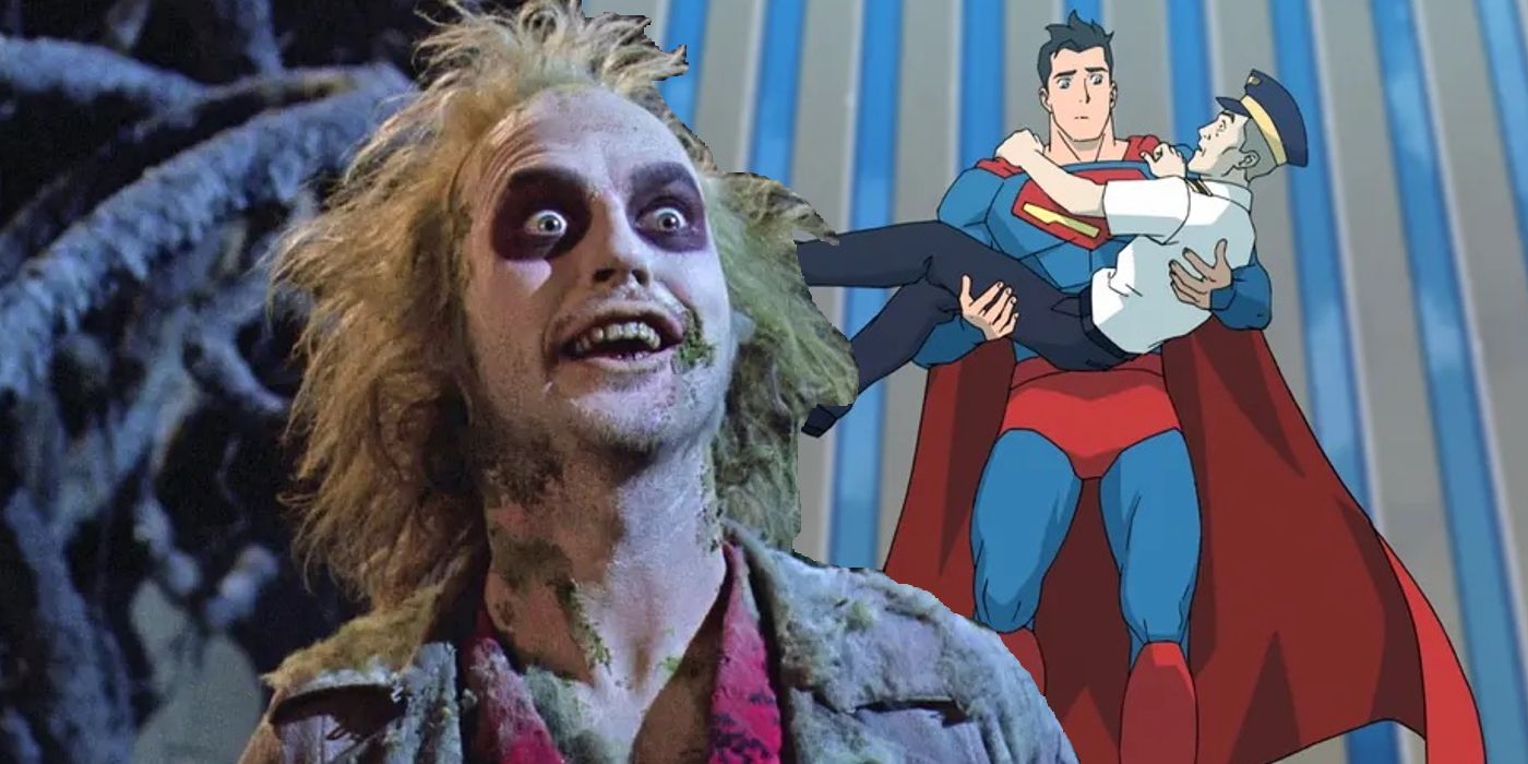 Live-action Beetlejuice (left) and animated Superman catching a pilot in his arms.