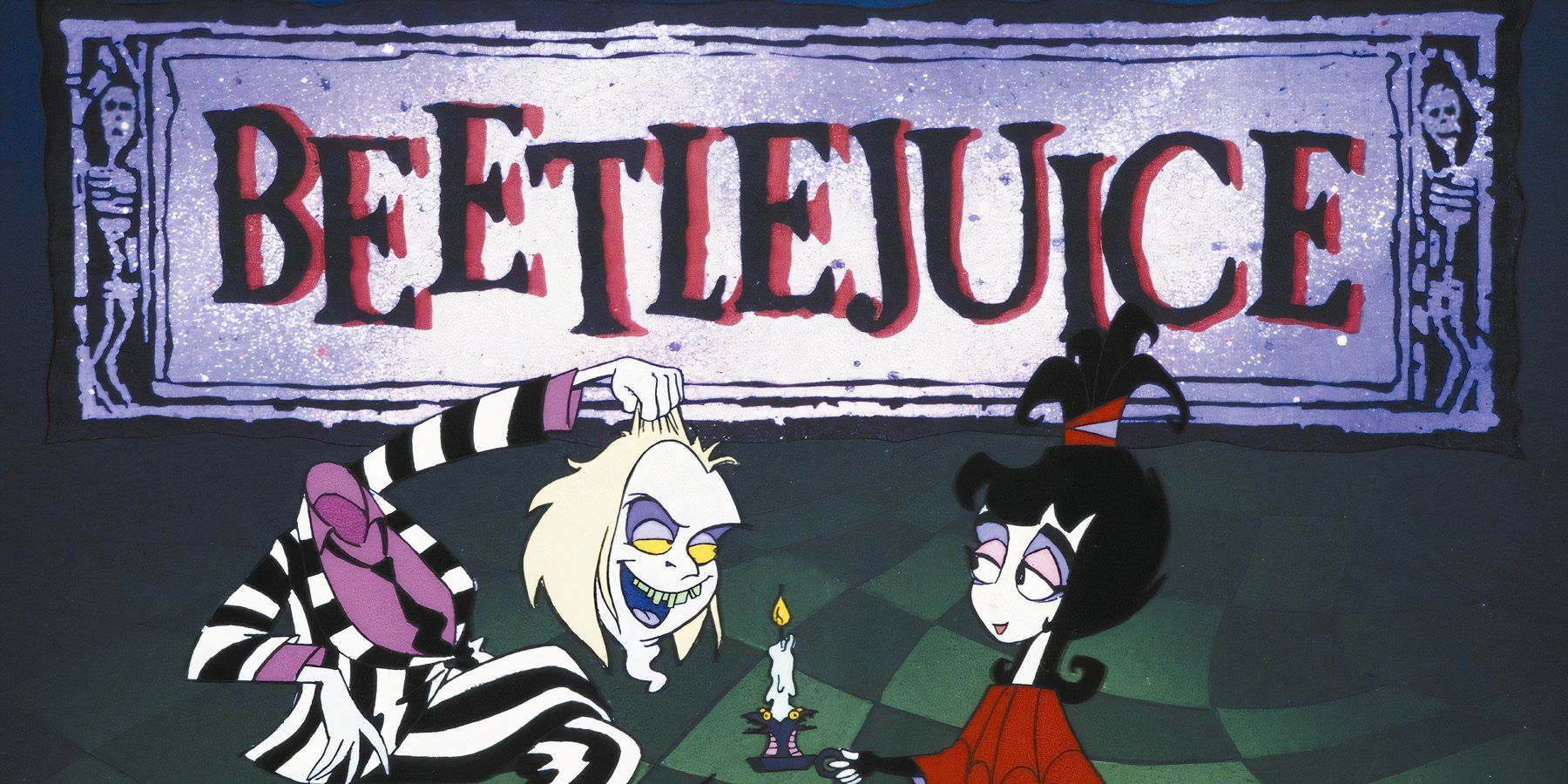 Beetlejuice and Lydia in a animated show promo image