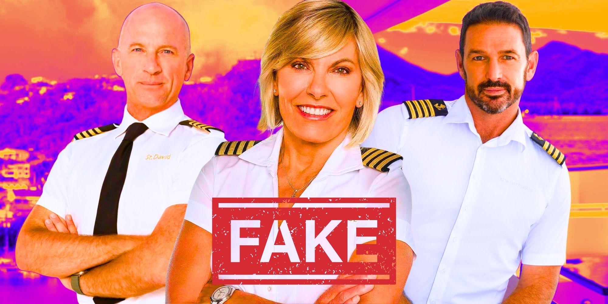 Below Deck Captain Sandy, Captain Kerry, &amp; Captain Jason in side by side images with a fake stamp in front