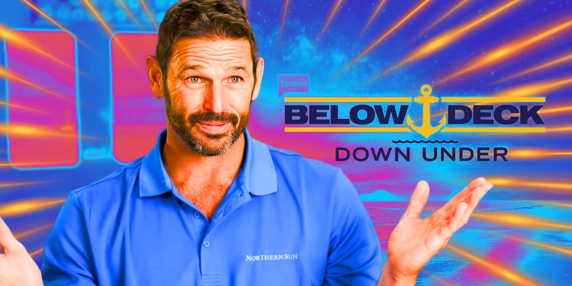 Below Deck Down Under's captain Jason Chambers reclining next to the series logo on a blue and pink background.