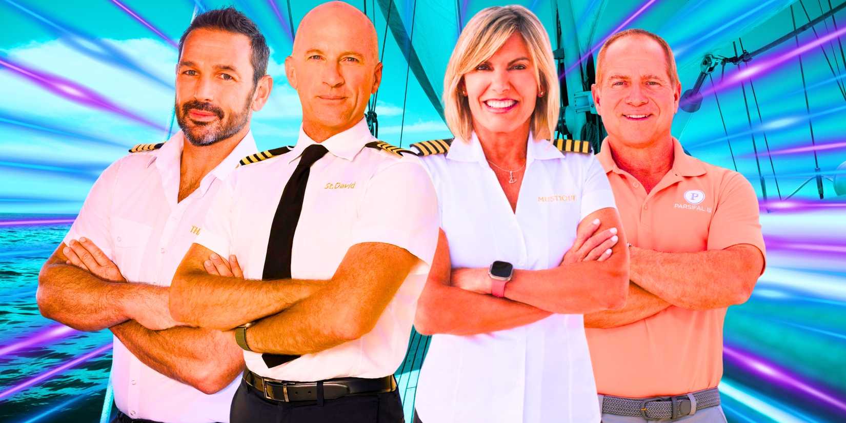 Below Deck Franchise Captains Jason Chambers, Kerry Titheradge, Sandy Yawn, and Glenn Shephard posing and smiling