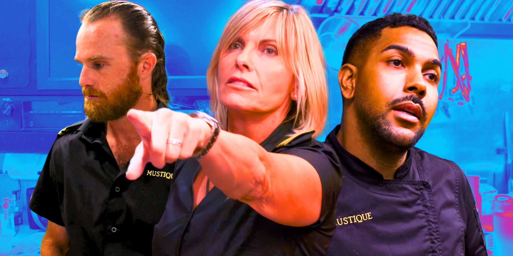 Below Deck Med's Iain Maclean, Sandy Yawn and Johnathan Shillingford look serious, with Sandy pointing her finger.