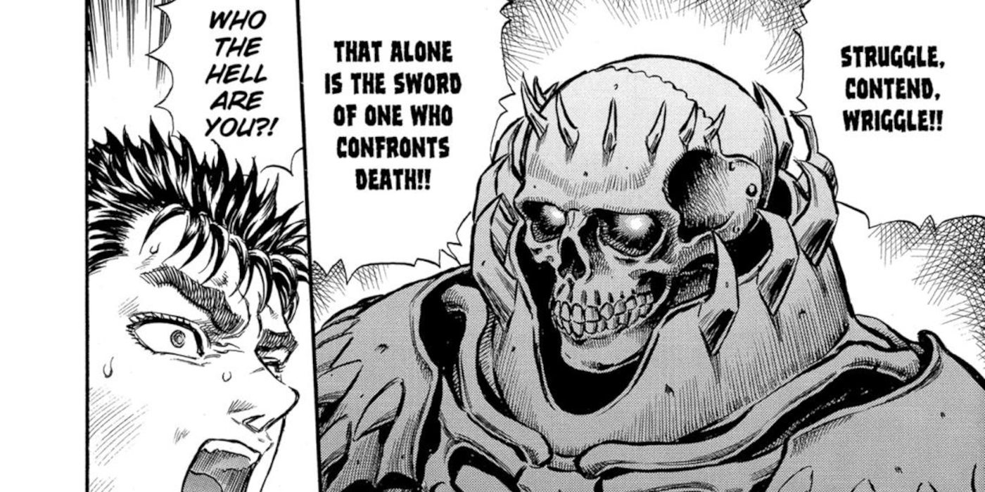 O cavaleiro caveira de Berserk dá a Guts alguns conselhos sobre eventos futuros.