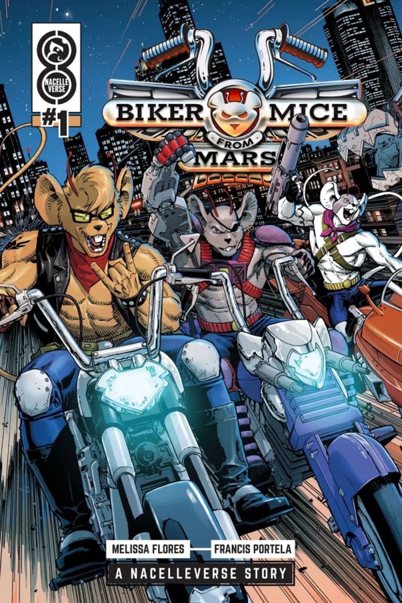 Throttle, Modo e Vinnie andando de bicicleta na capa da Biker Mice from Mars #1.