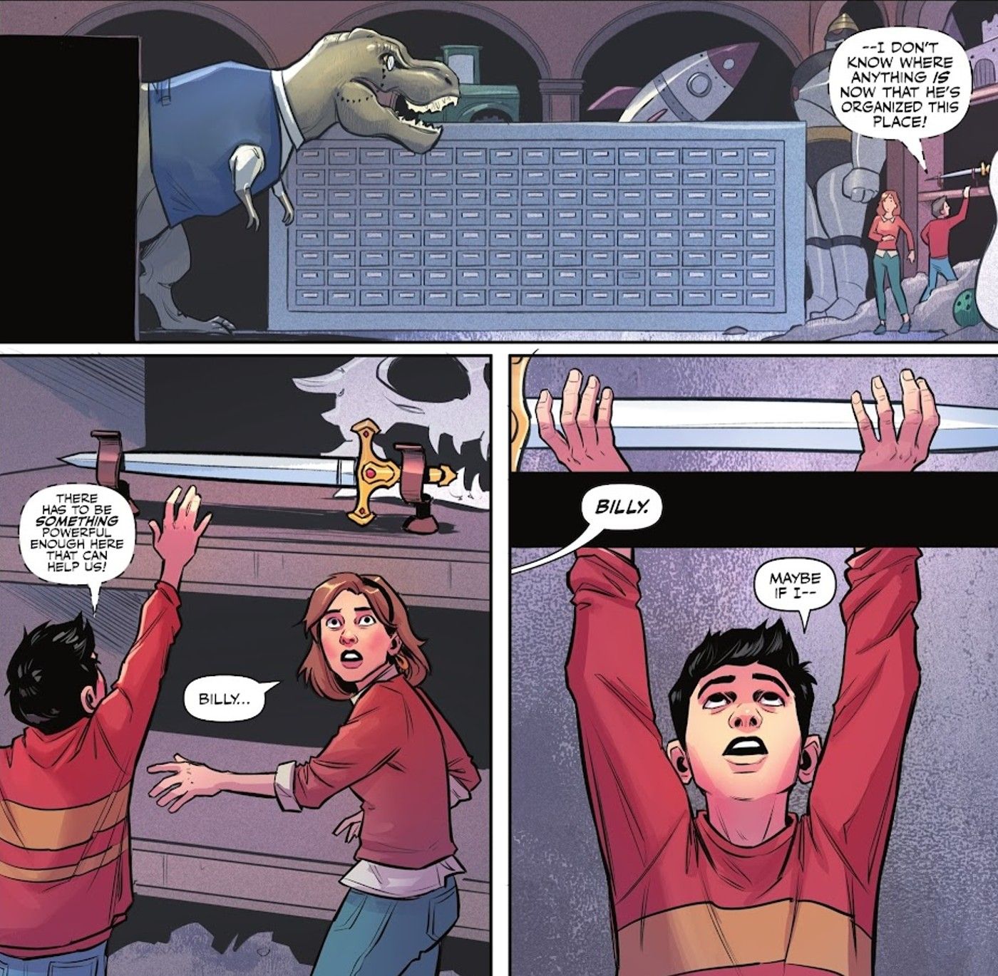 Paneles de cómics: Billy Batson encuentra la espada mágica en Rock of Immortals.