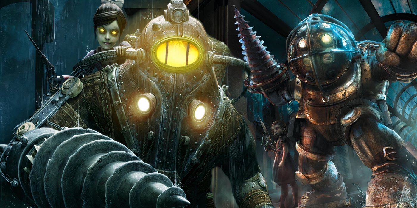 A composite image of Big Daddy and Little Sister splashing through the water in BioShock 2 in front of Big Daddy and Little Sister standing in the hallway in BioShock