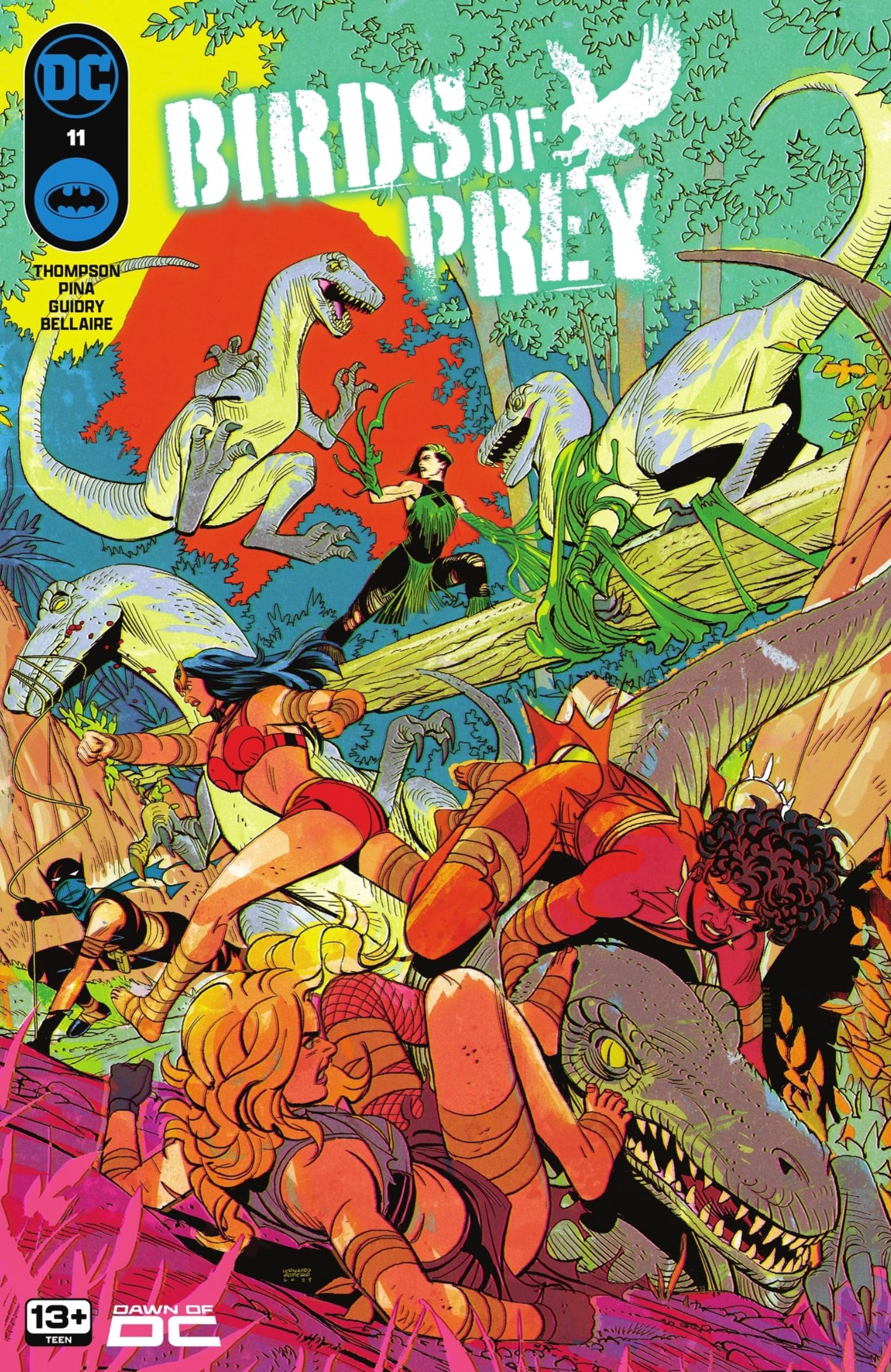 Capa principal de Aves de Rapina 11: super-heróis fantasiados lutando contra dinossauros.