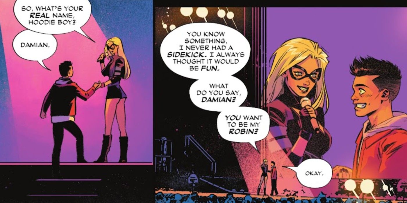 Arte em quadrinhos: Canário Negro pede a Damian Wayne para ser seu Robin.