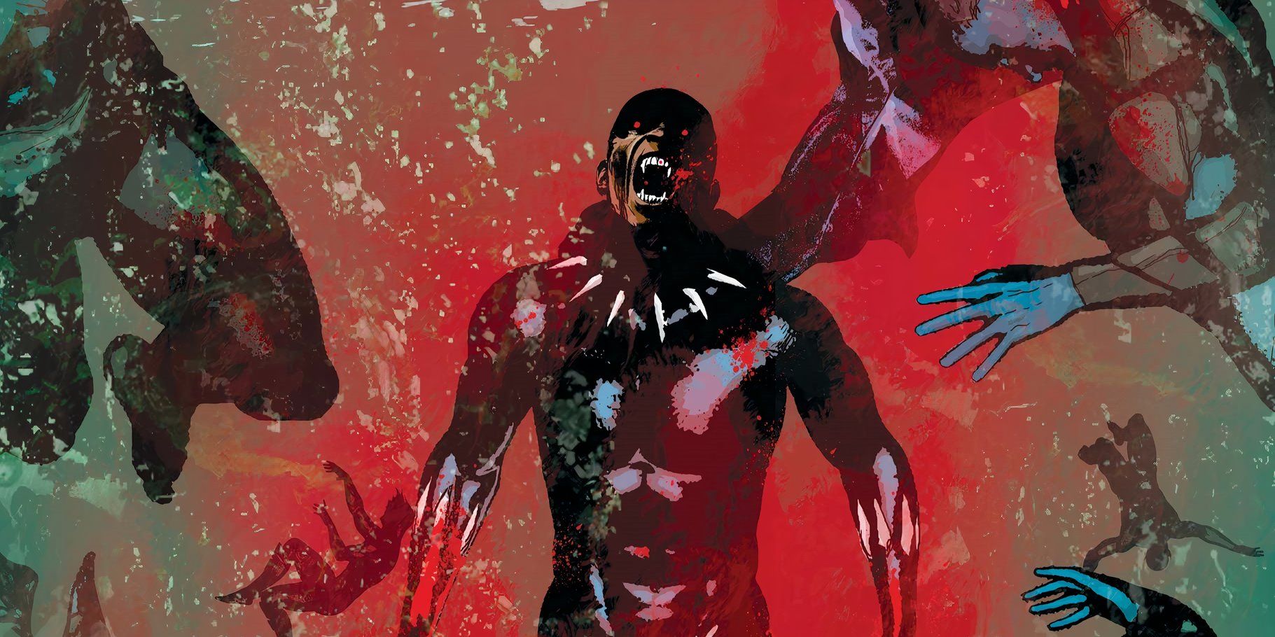 Black Panther, infected with vampirism, shows his fangs in this bloody red cover art.