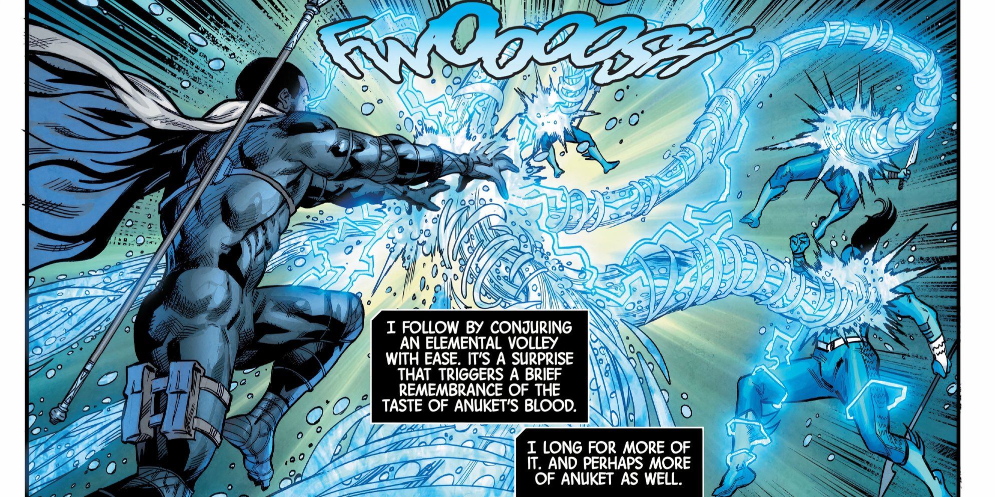 Black Panther faces off against Atlantean soldiers using a combination of his new Water and Electricity manipulation powers.