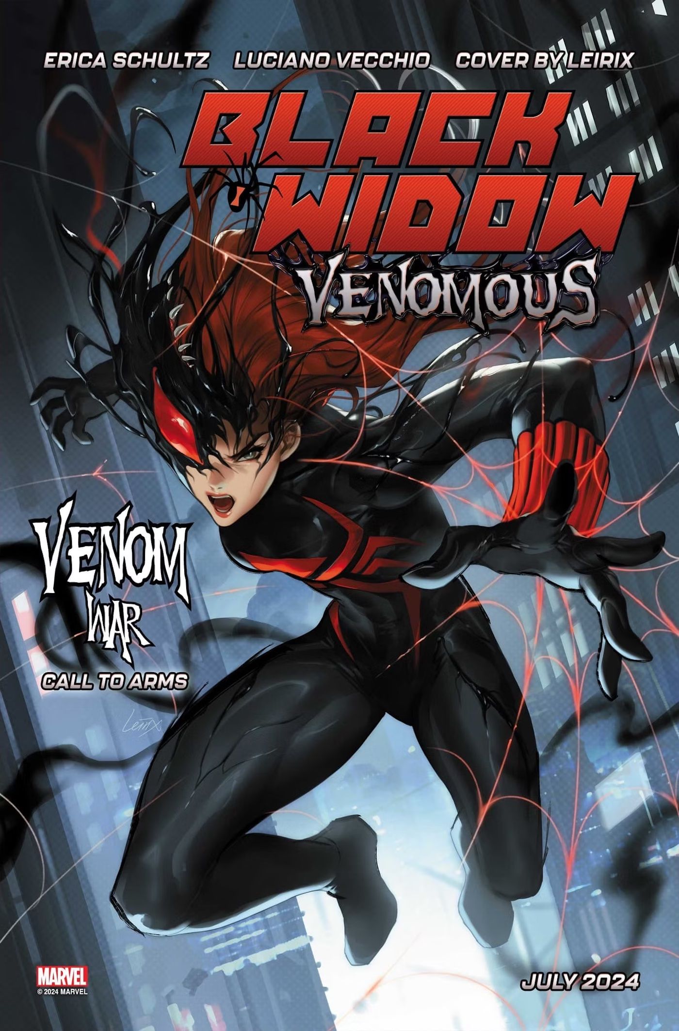 Black Widow: Venomous Cover. Natasha salta em direção ao leitor, sua máscara de simbionte meio colocada.