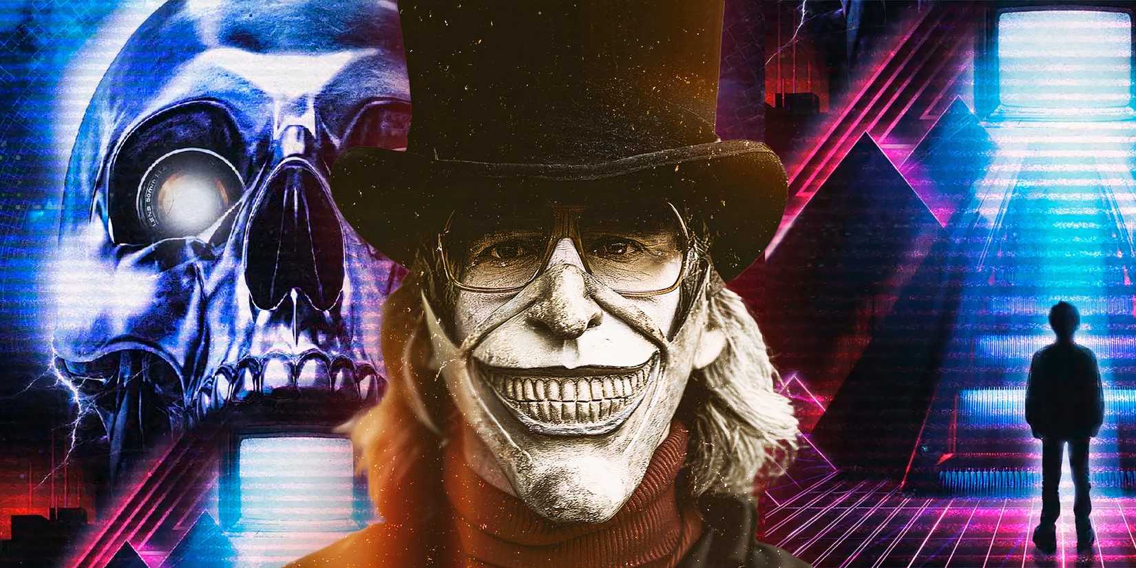Ethan Hawke as The Grabber from The Black Phone against V/H/S/85 backdrop