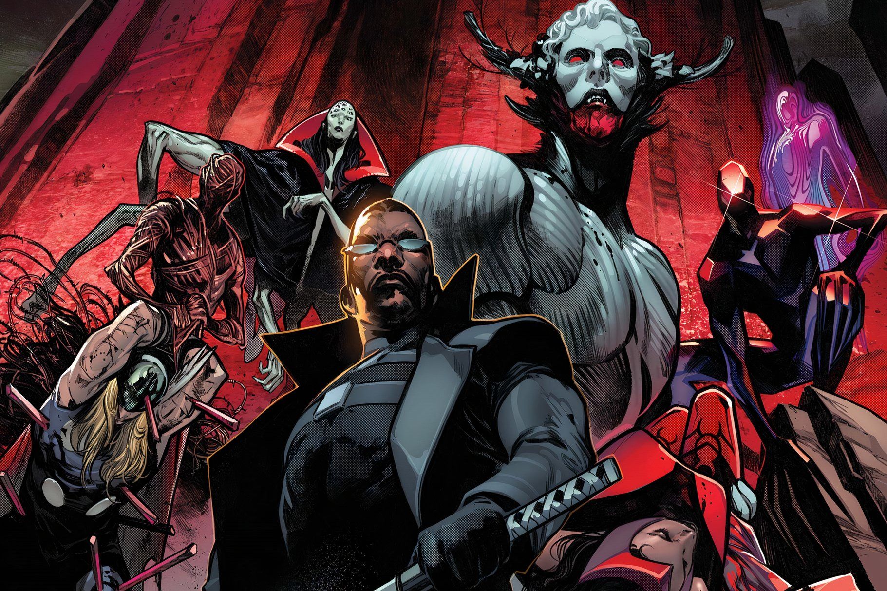 Blade stands in front of his squad of god-like vampires known as the Bloodcoven.