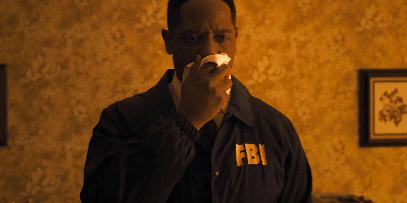 Blair Underwood as Agent Carter Holding a Handkerchief to His Nose in Longlegs