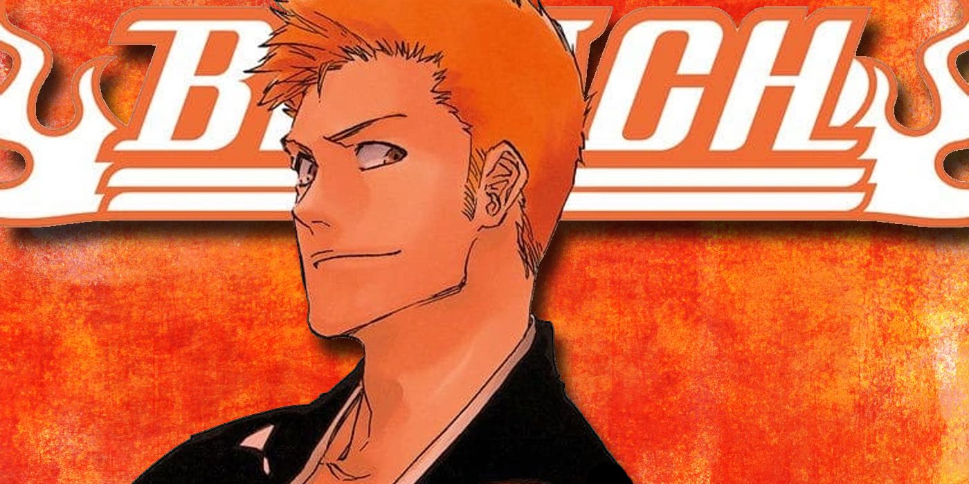 An older Ichigo from the epilogue in front of the title and a fiery background.