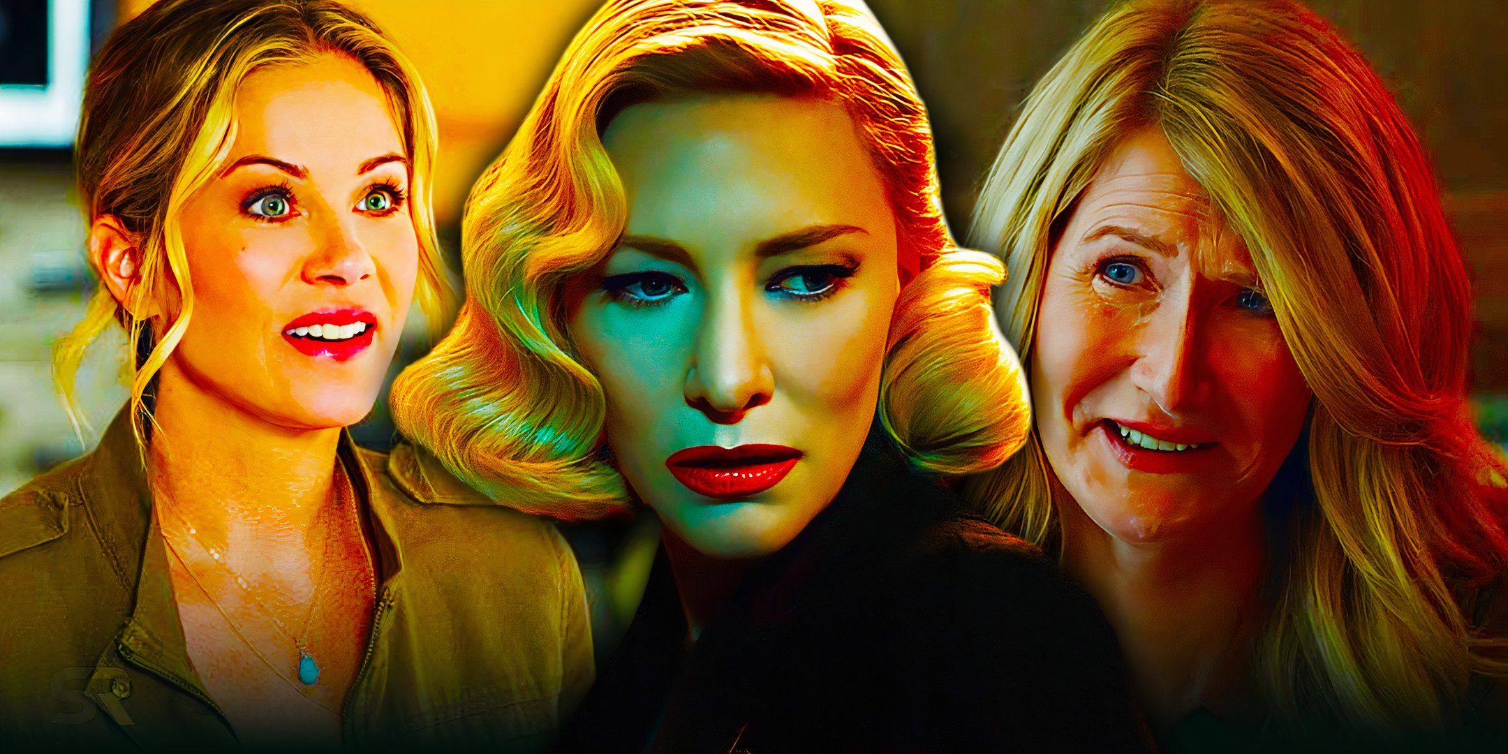 Blended image of blonde actresses Christina Applegate, Cate Blanchett, and Laura Dern