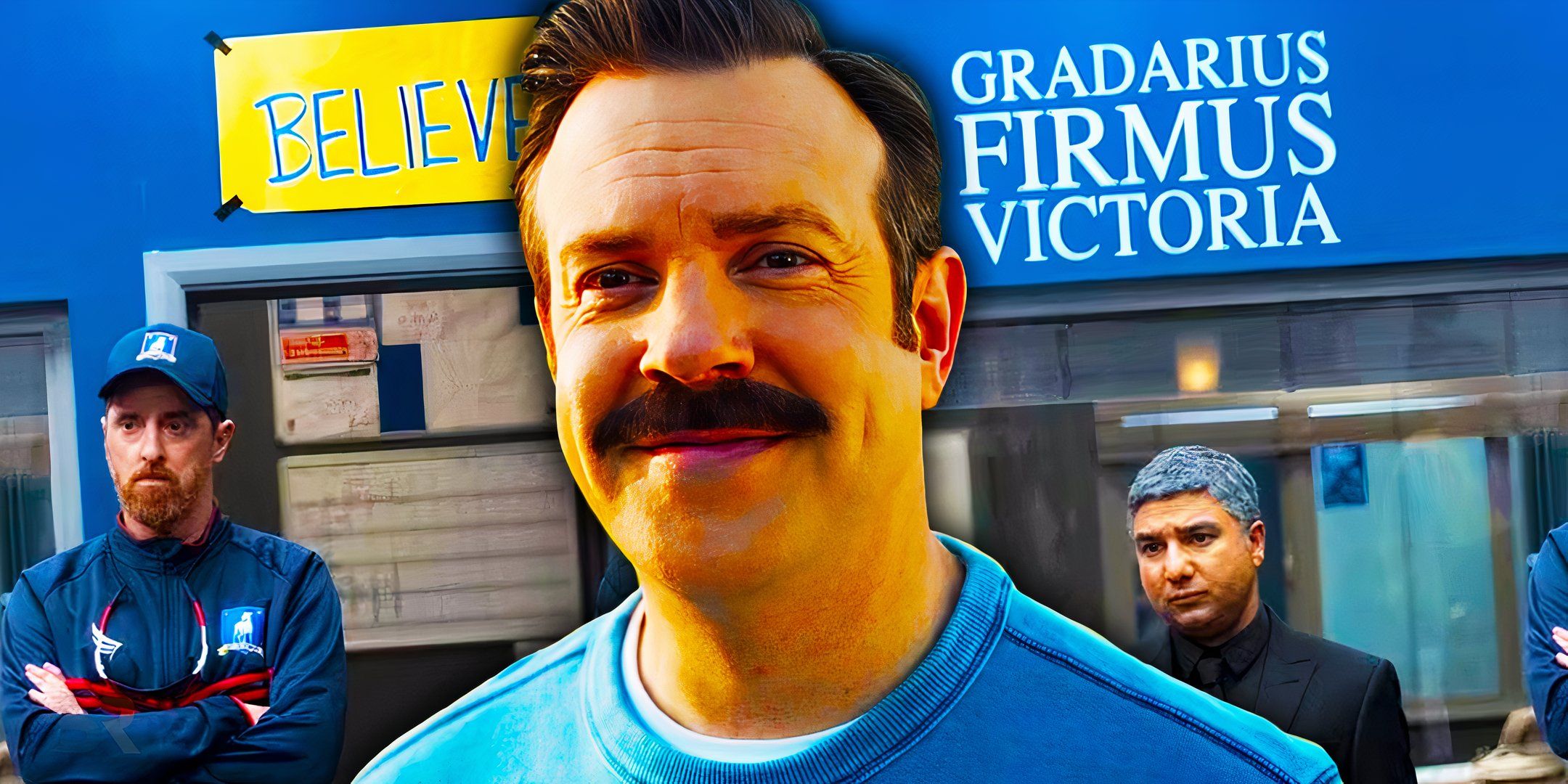 Blended image of the Ted Lasso Gradarius Firmus Victoria and Believe signs with Coach Beard, Ted Lasso, and Nate Shelley