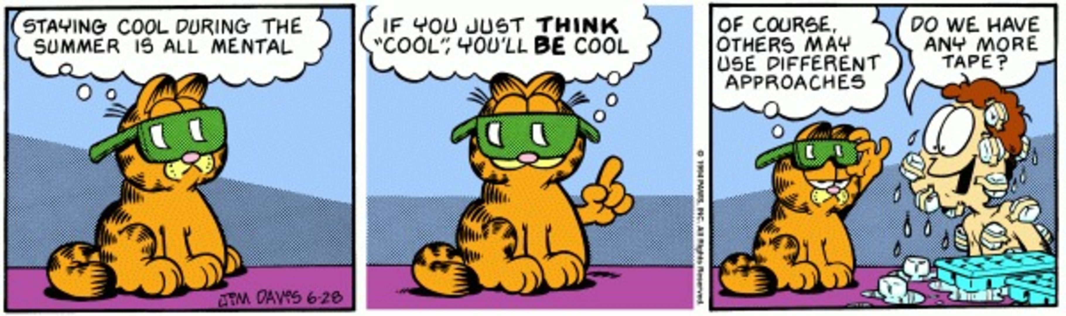 Garfield wearing sunglasses while Jon is taping ice cubs to his body.