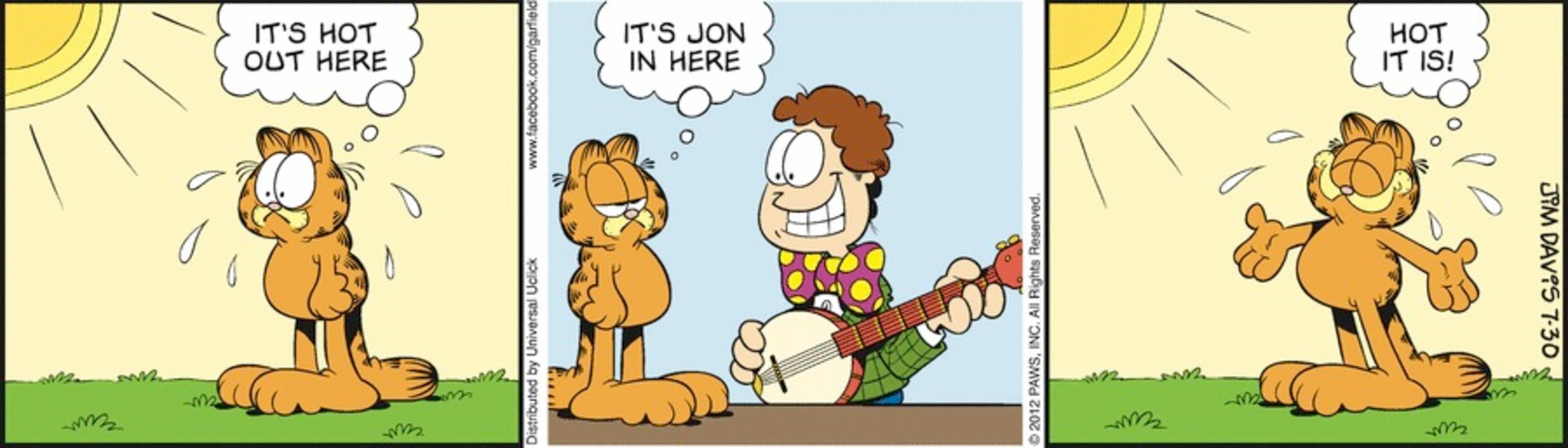 Garfield out in the sun but goes back outside when he sees Jon with a banjo inside.