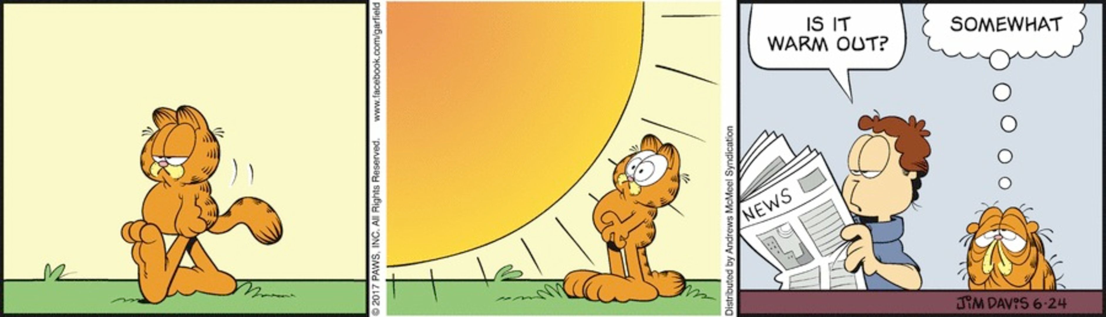 Garfield walking outside and the sun moving right in front of his face.