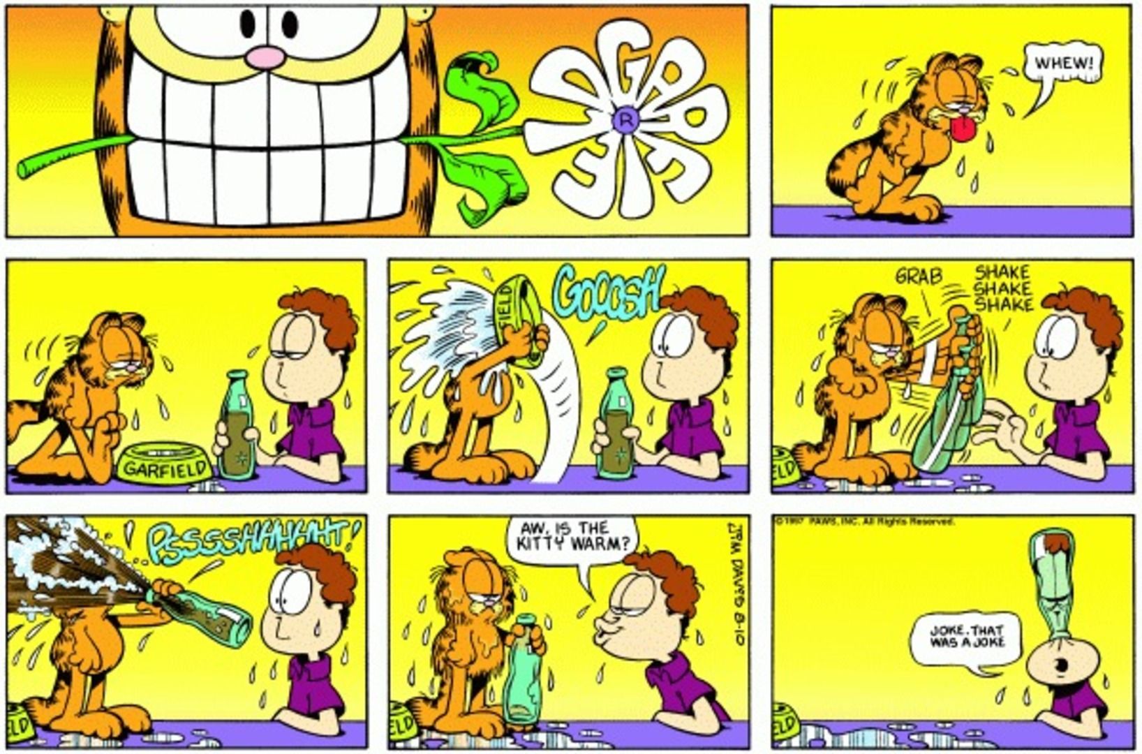 Garfield pouring liquids on himself before sticking a bottle over Jon&rsquo;s head.