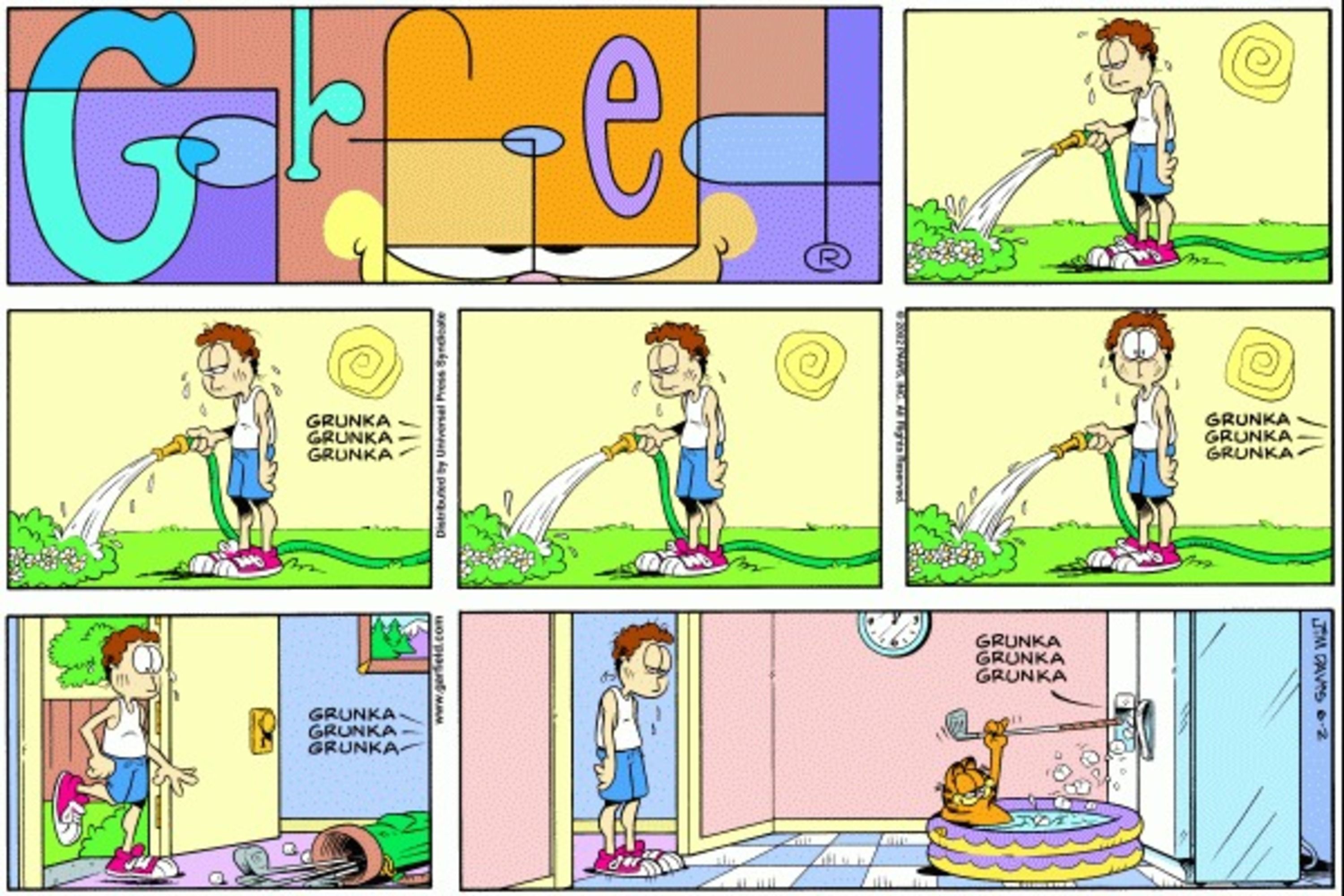 Garfield putting ice cubes into his kiddie pool inside the house while a sweating Jon comes inside.