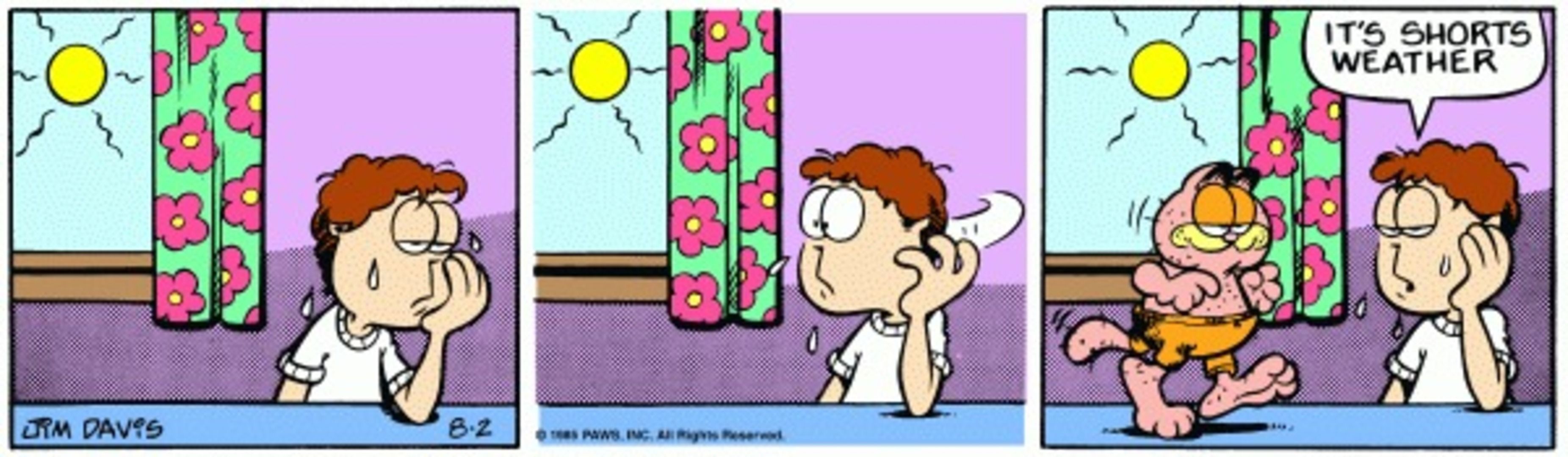 Garfield without fur except in a short&rsquo;s patten while Jon is sweating.