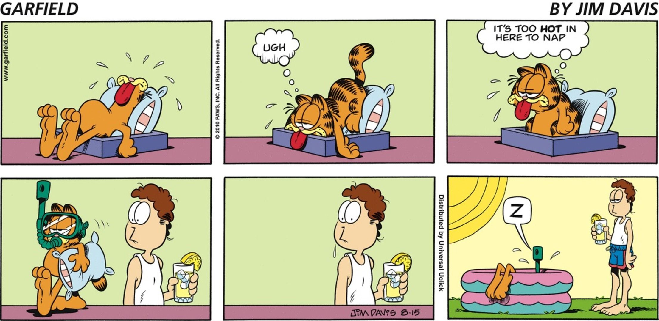 Garfield going to nap underwater in a pool with a snorkel after he can&rsquo;t sleep inside.