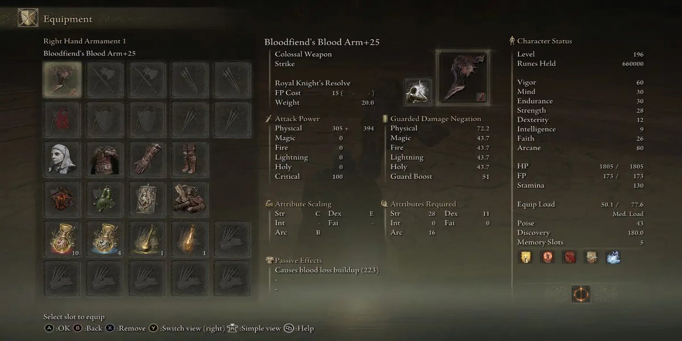 A Arma Colossal Bloodfiend's Arm no menu em Elden Ring
