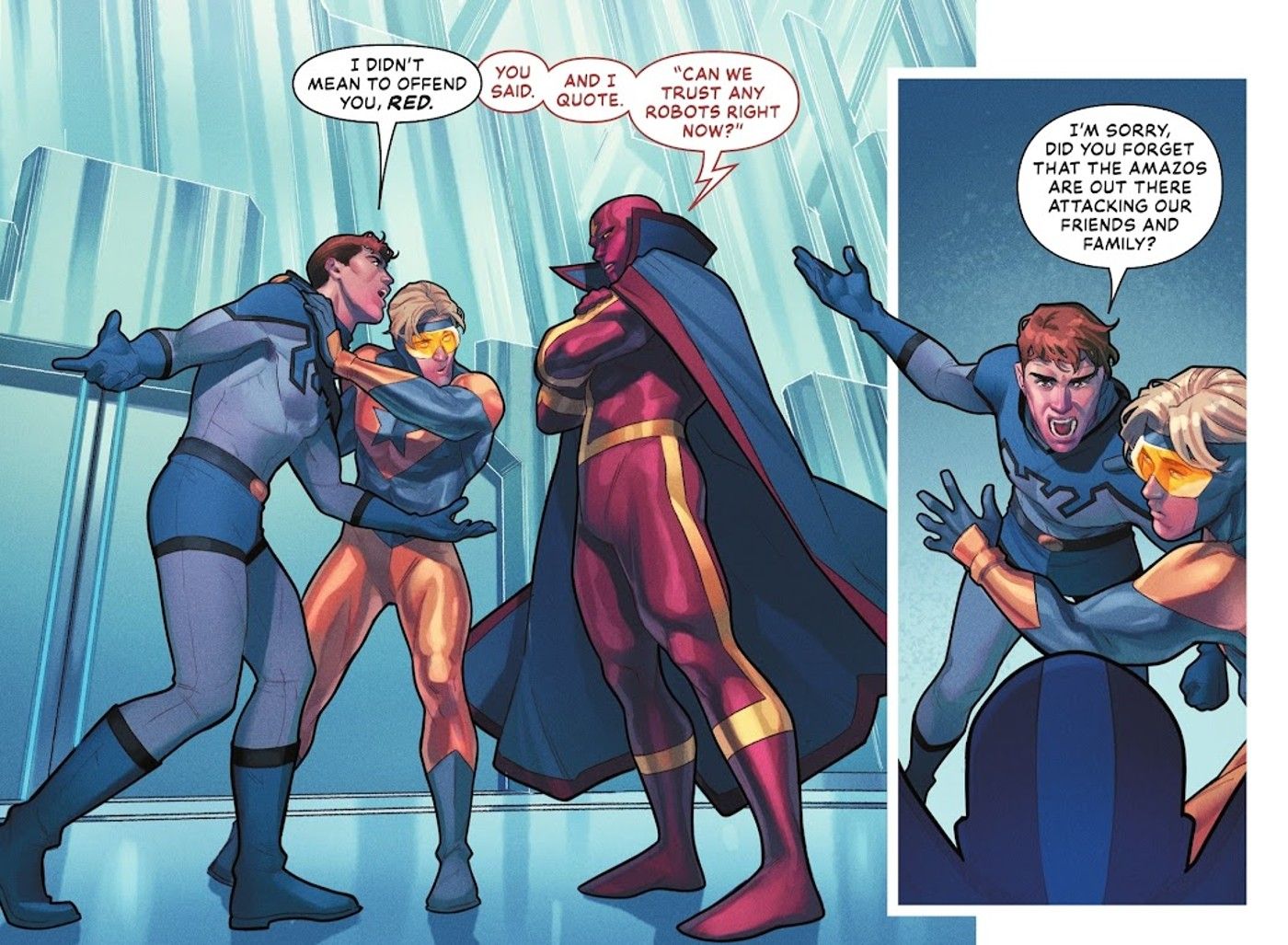 Painéis de histórias em quadrinhos: Besouro Azul Ted Kord acusa Tornado Vermelho de traição enquanto Gladiador Dourado o segura.