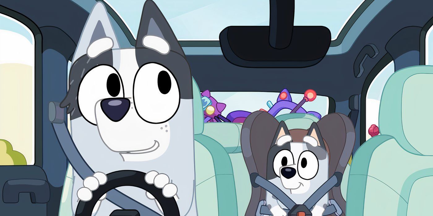 Aunt Trixie talks to a child in a carseat as she drives in Bluey