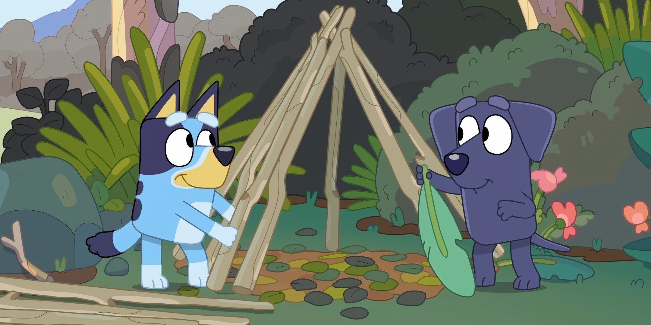 Bluey y Jean-Luc construyen una tienda de campaña de madera. 