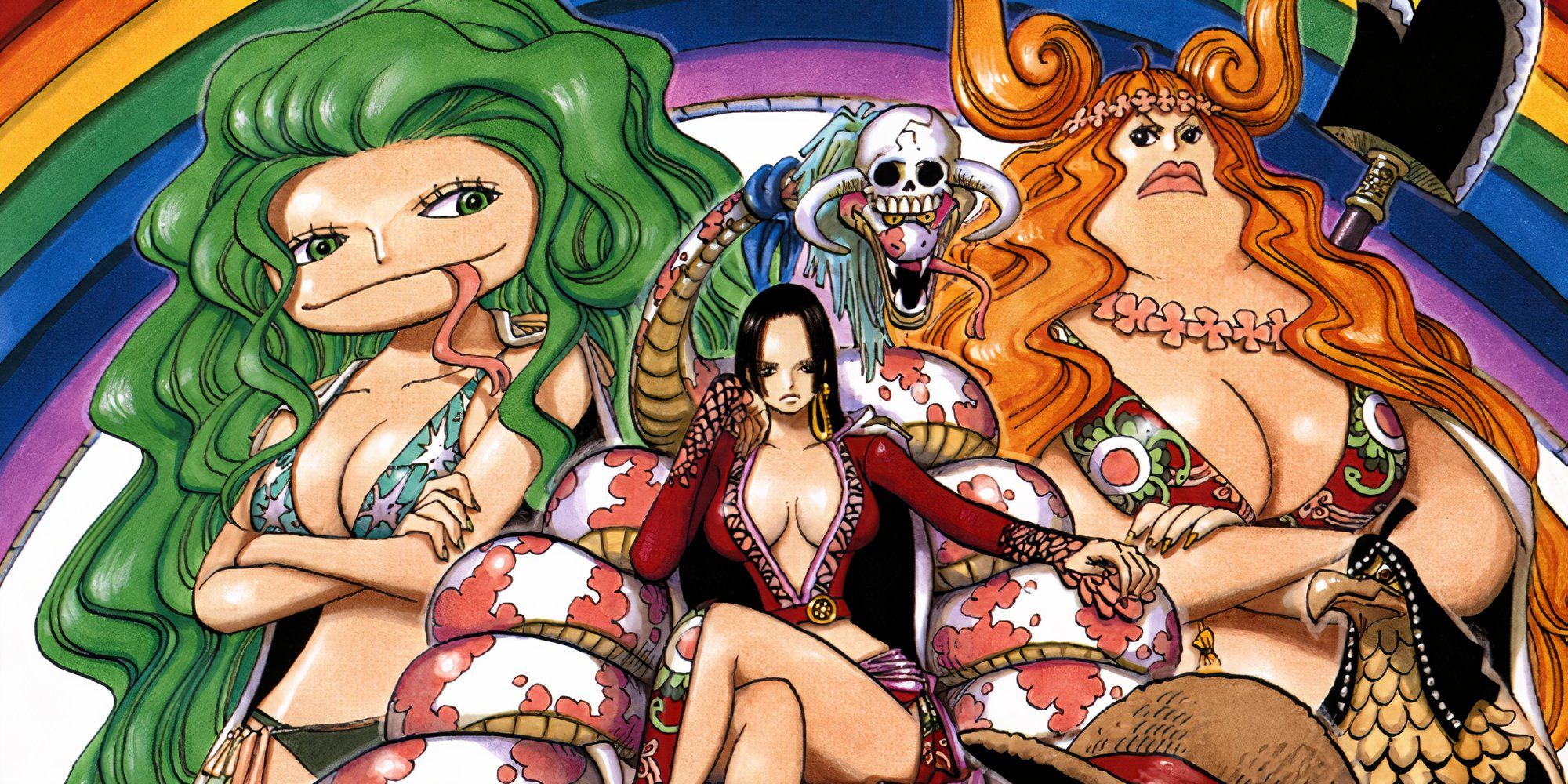 Boa Hancock y sus hermanas como se ven en la imagen clave del arco de Amazon Lily en el manga de One Piece.