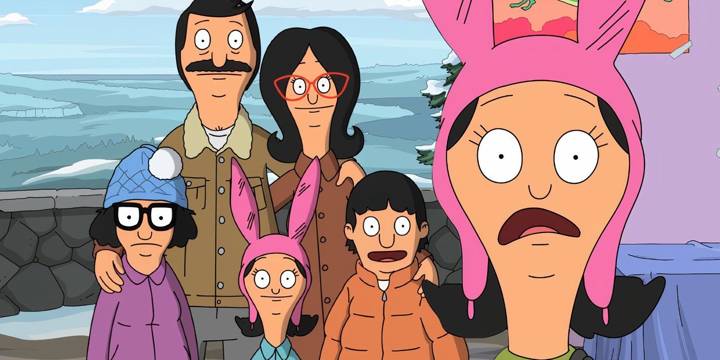 Una imagen compuesta de Louise luciendo sorprendida frente a la familia Belcher tomando una fotografía en la cima de una montaña nevada en Bob's Burgers. 