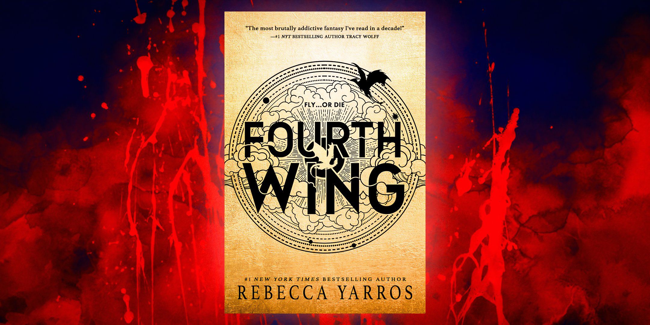 A custom image of Fourth Wing's cover with a bloody background. 