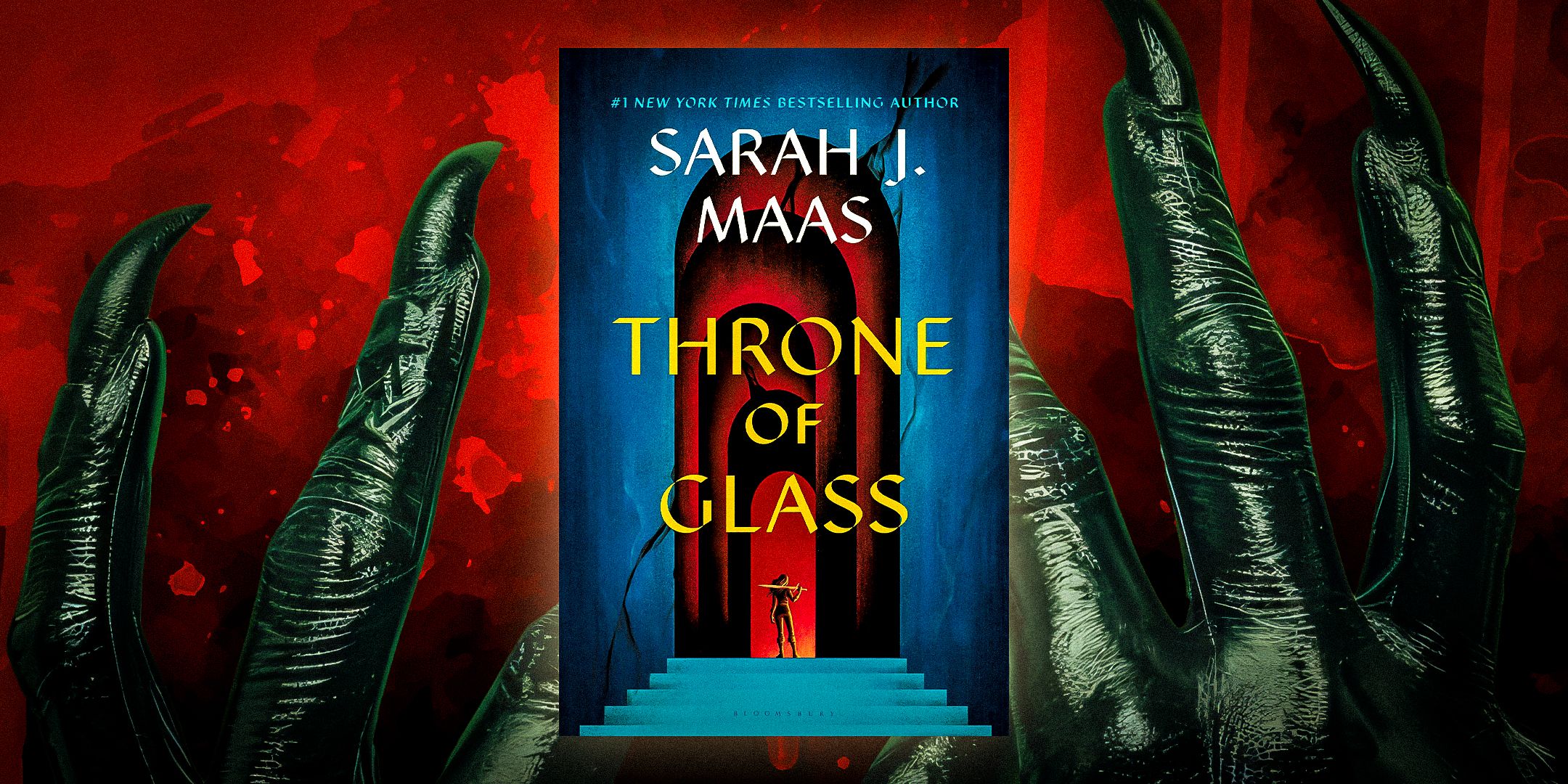 Das Cover von Throne of Glass mit schwarzen Fingern und Krallen als Hintergrund