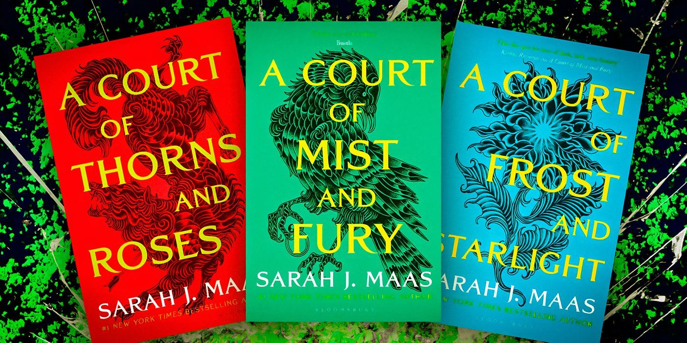 Covers of ACOTAR, ACOMAF and ACOFAS with green splash background