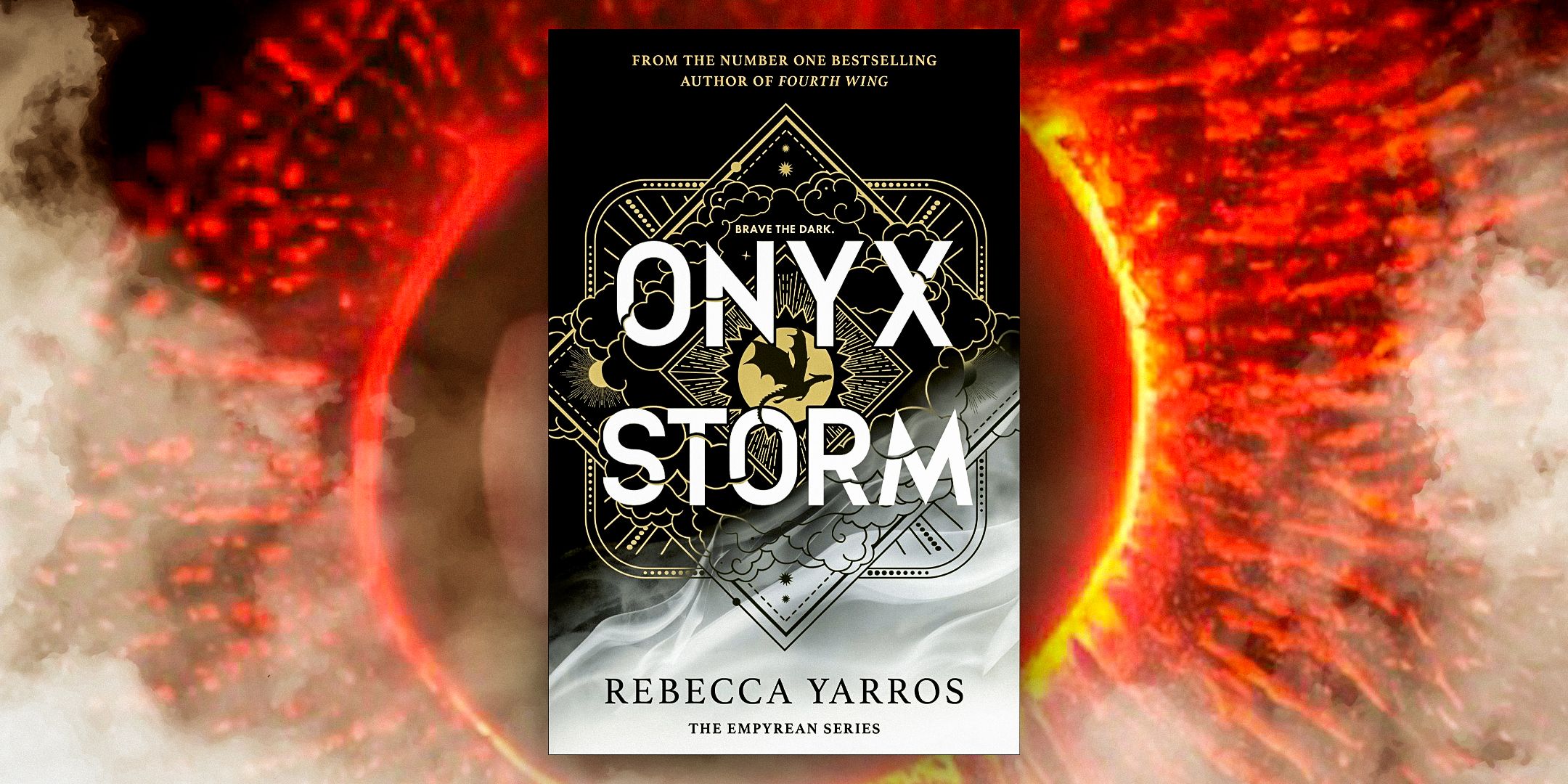 The cover of Onyx Storm by Rebecca Yarros with smoke and a fiery red ring in the background