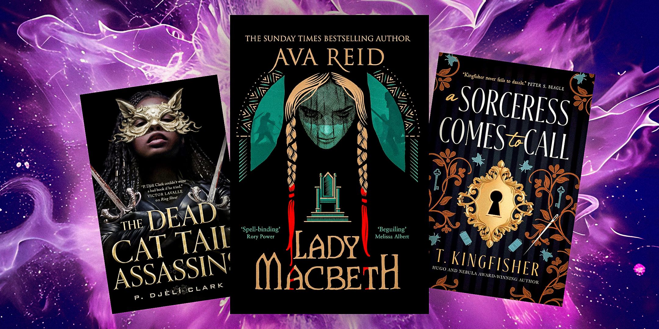 Book covers of The Dead Cat Tail Assassins, Lady Macbeth, and A Sorceress Comes to Call