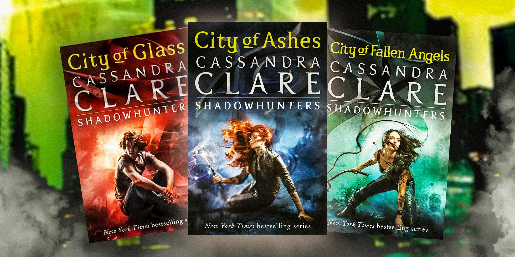 The covers of City of Glass, City of Ashes, and City of Fallen Angels from The Mortal Instruments book series
