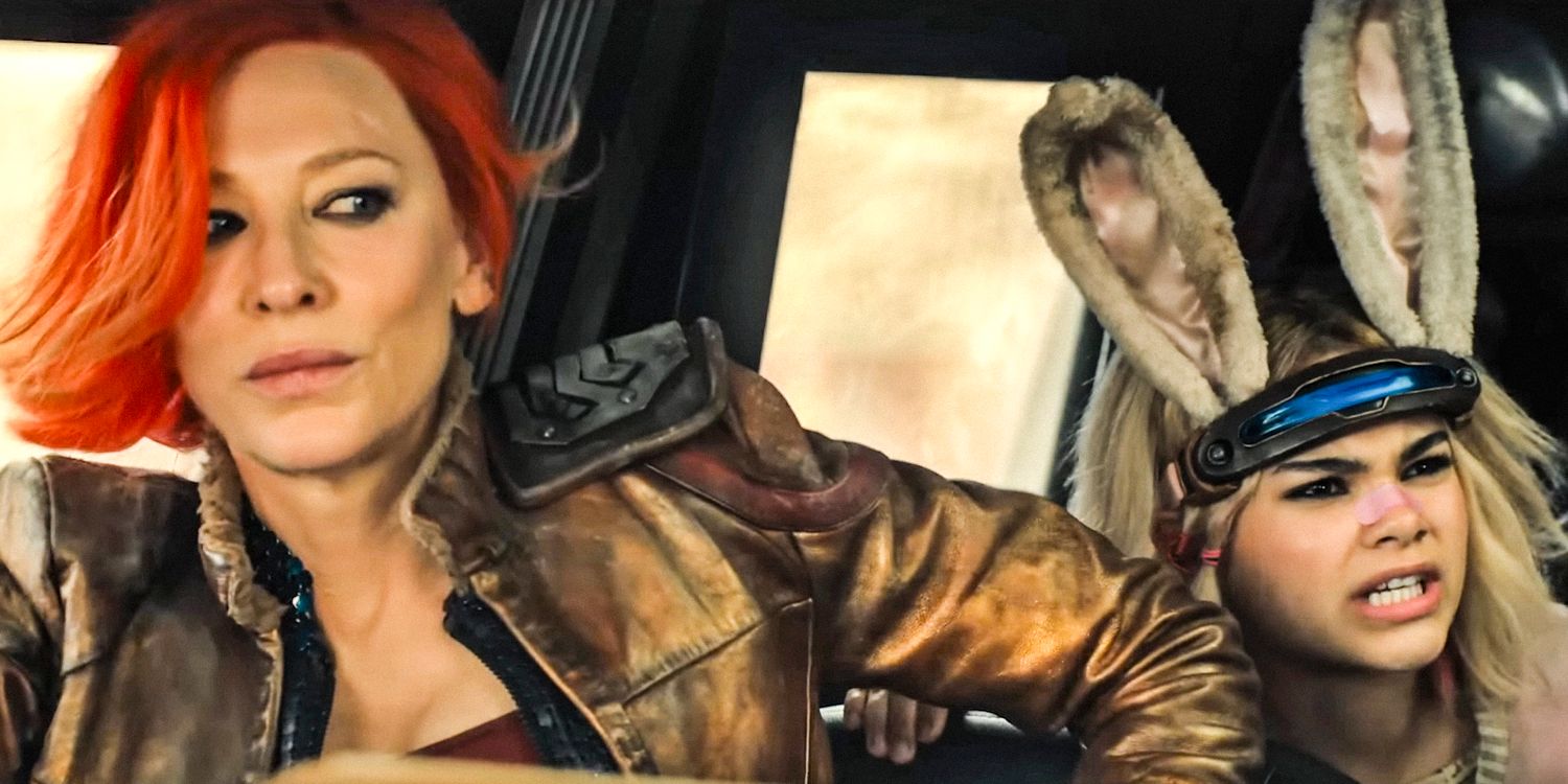 Em um carro, Lilith (Cate Blanchett) e Tiny Tina (Ariana Greenblatt) parecem confusas em Borderlands (2024)