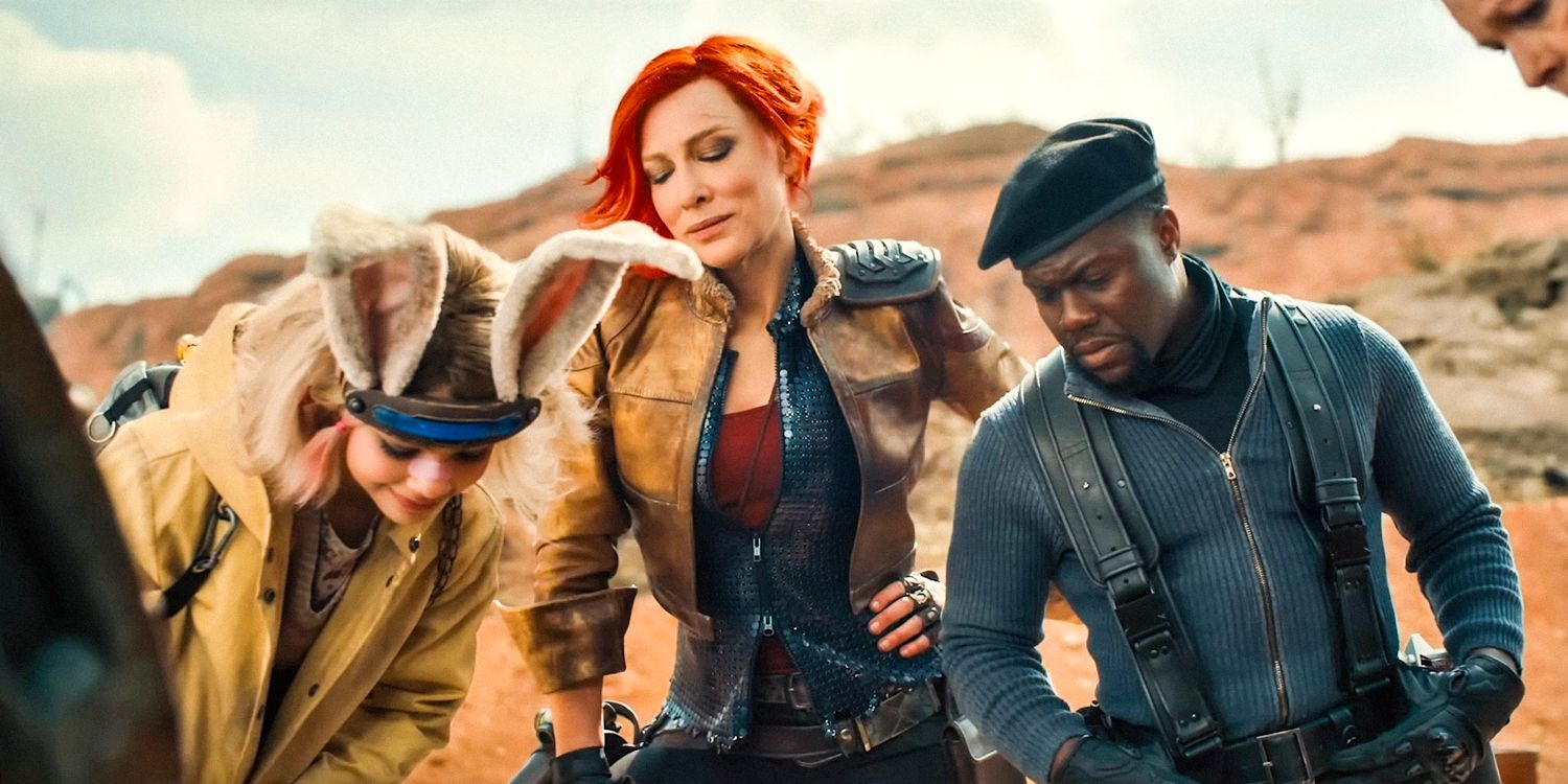 Tiny Tina (Ariana Greenblatt), Lilith (Cate Blanchett), and Roland (Kevin Hart) smirking as they watch Claptrap fall into a hole in Borderlands (2024)