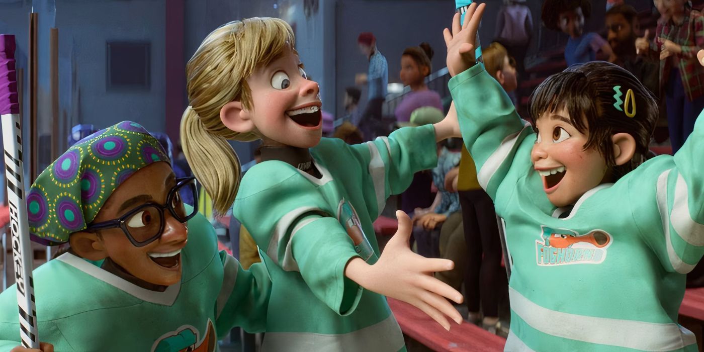 Riley celebrates with her hockey teammates in Inside Out 2