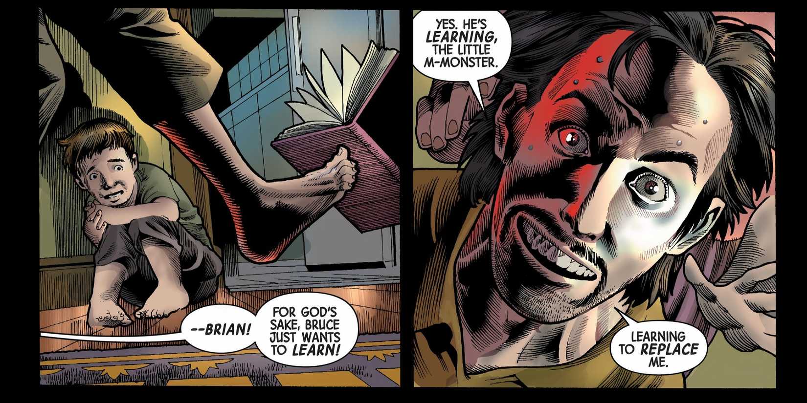 In a fit of sadistic rage, Bruce Banner's father yells at him and threatens to hurt the young Bruce.