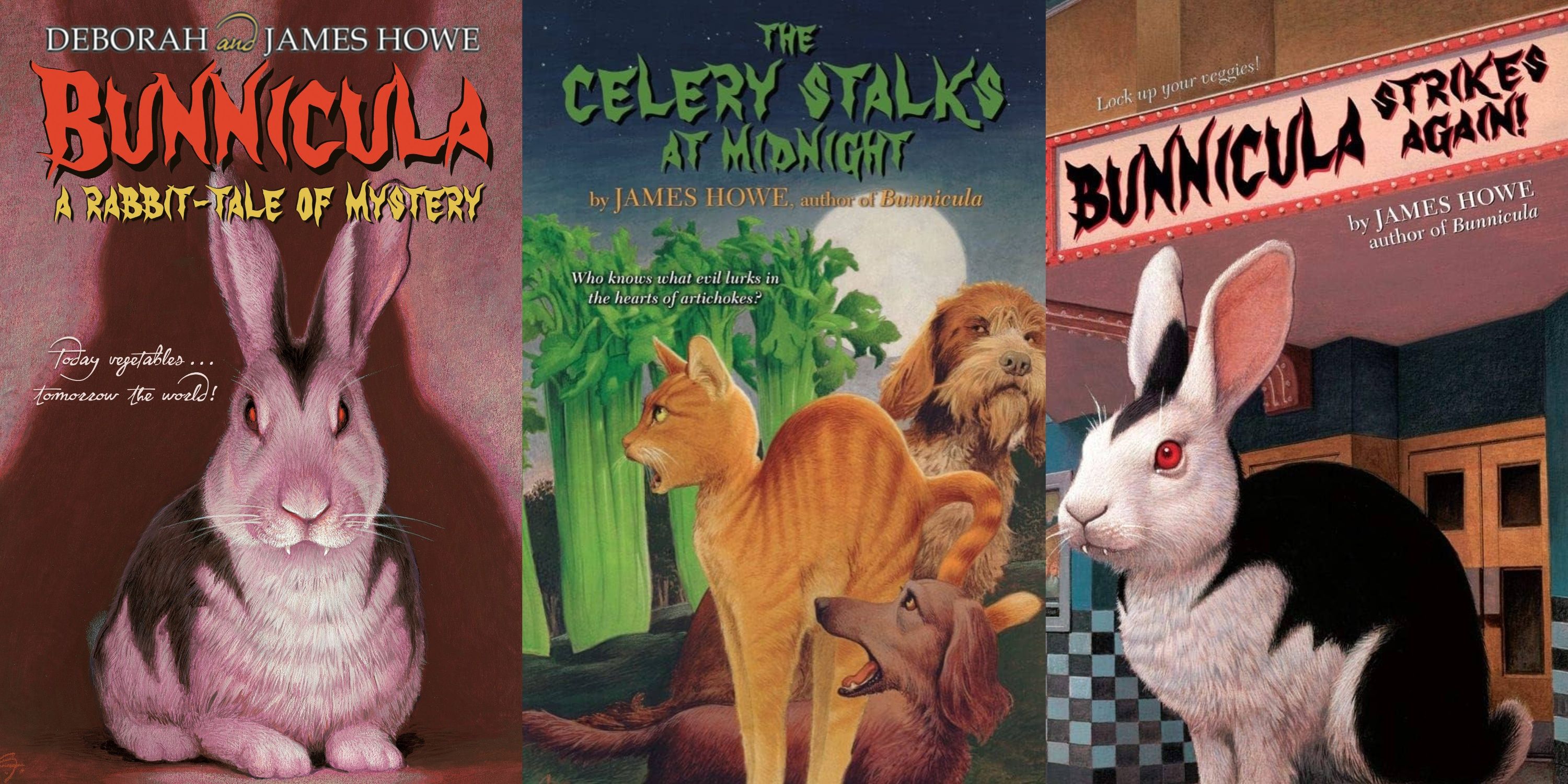 As capas dos livros Bunnicula, The Celery Stalks at Midnight e Bunnicula Strikes Again!