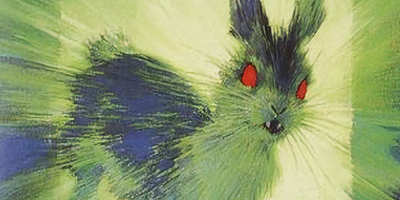A capa de Bunnicula apresentando o coelho titular com olhos vermelhos crescentes e um fundo verde
