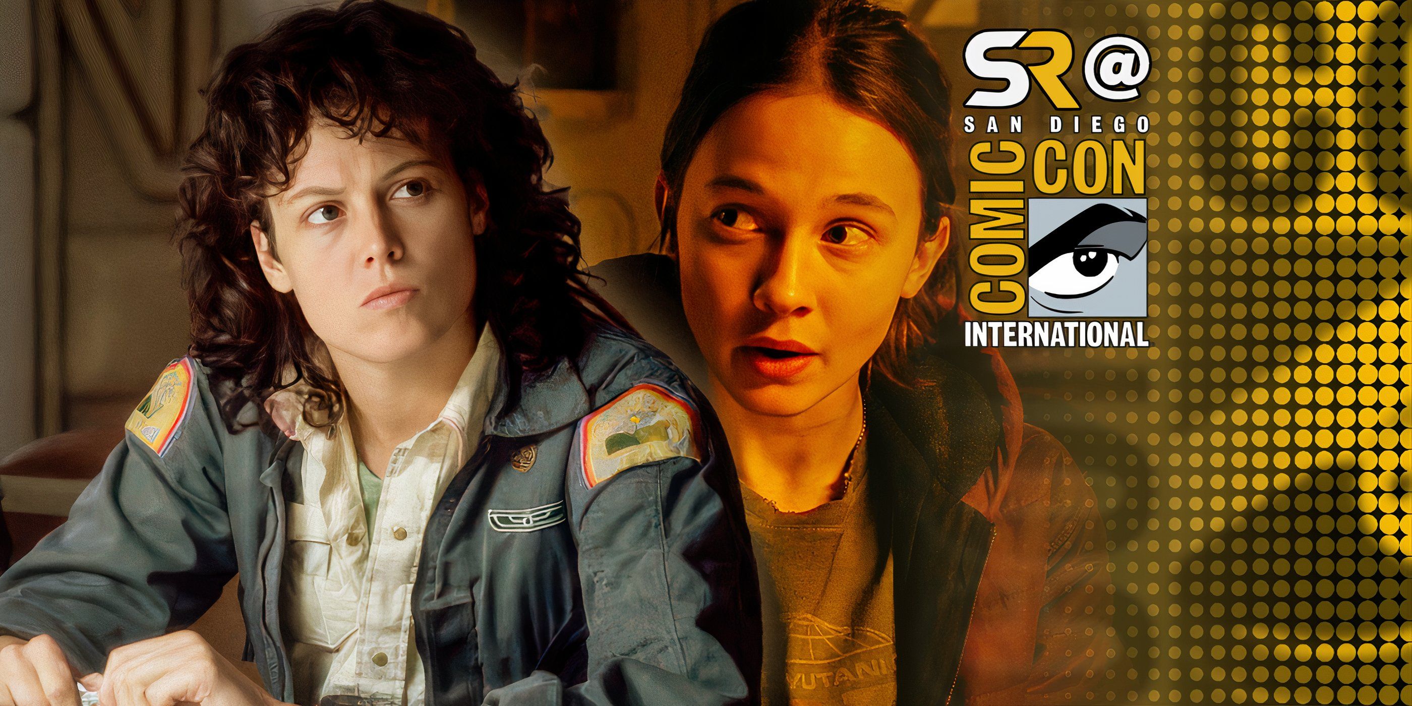 Sigourney Weaver as Ripley in Alien and Cailee Spaeny as Rain in Alien: Romulus with SDCC cover