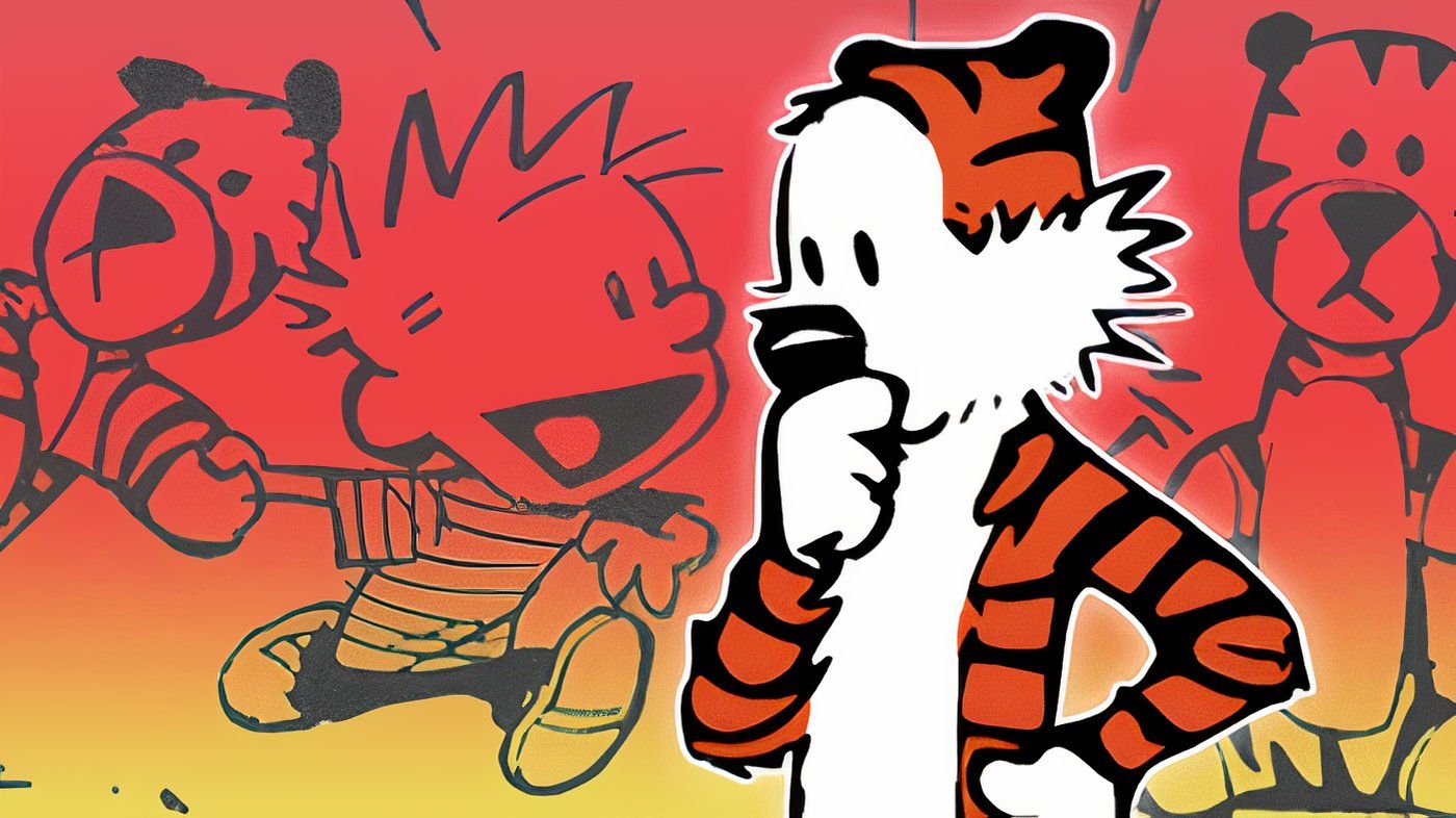 Hobbes with his hand on his mouth pondering something while Calvin plays with the stuffed animal Hobbes behind him.