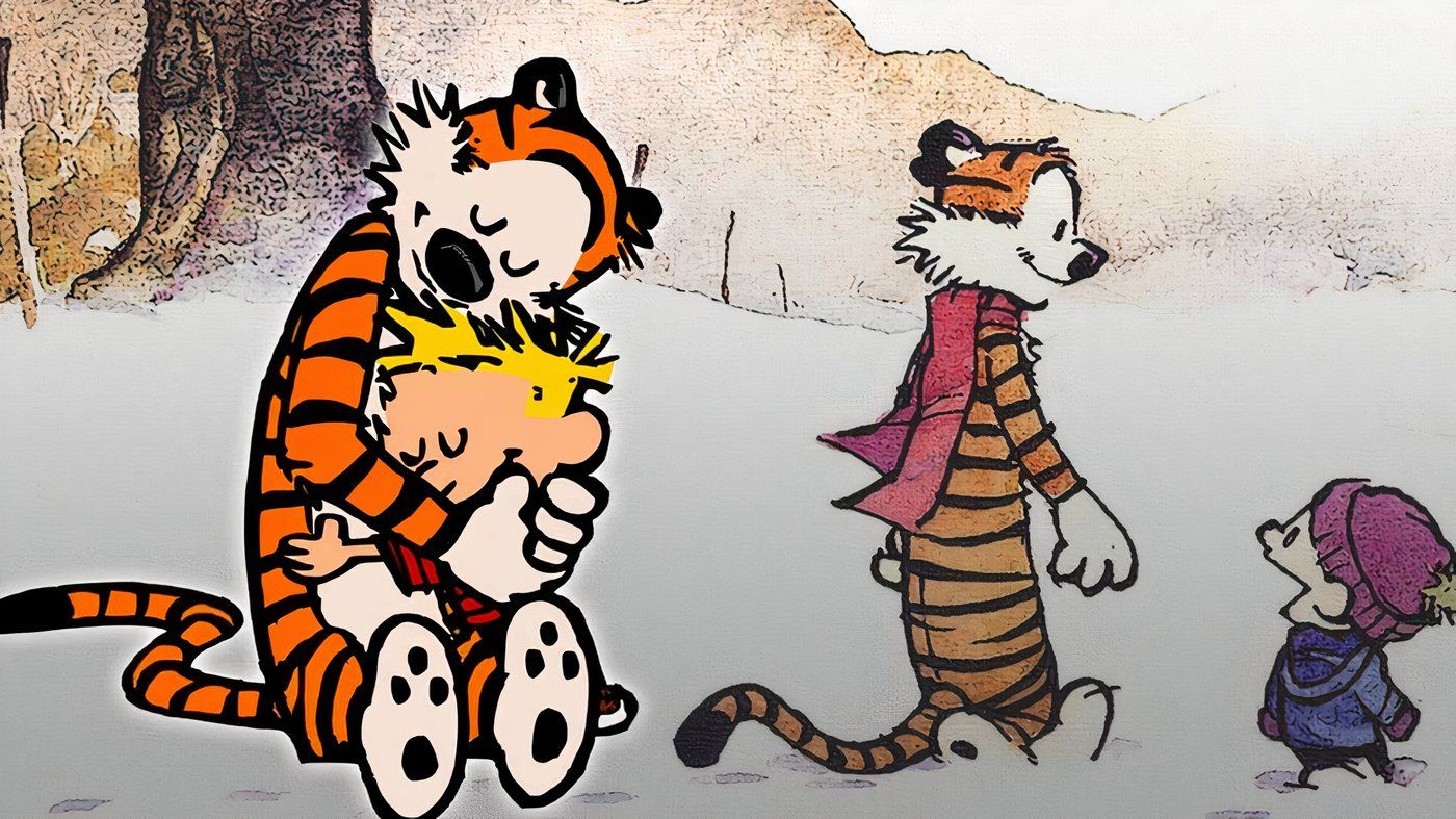 Split image showing Calvin hugging Hobbes and Calvin walking in the snow with Hobbes.